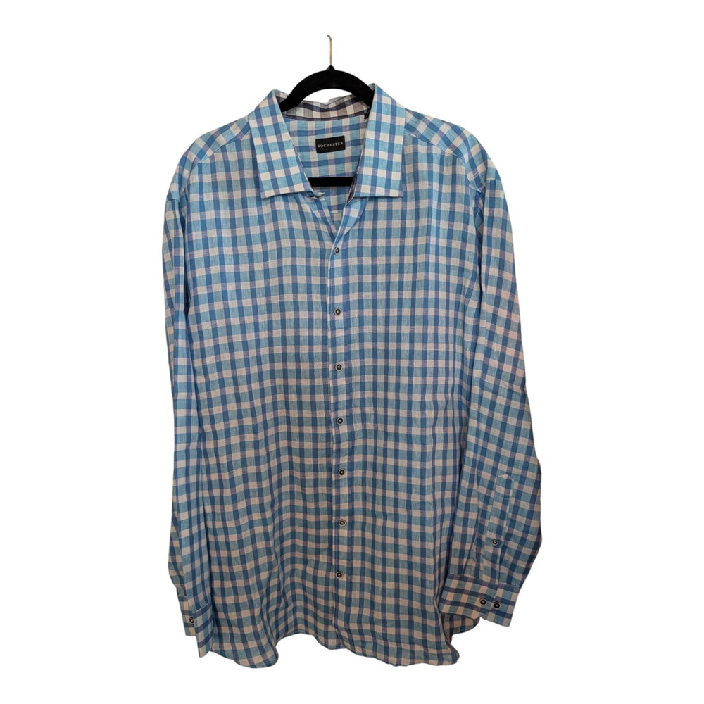 NEW Rochester Linen Shirt 1XL LS Blue Checked Button Up Career Normcore
